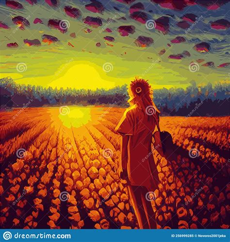 Print Vector Illustration, Sunflower Flower, Sunset Rural Landscape Oil Painting with Golden ...