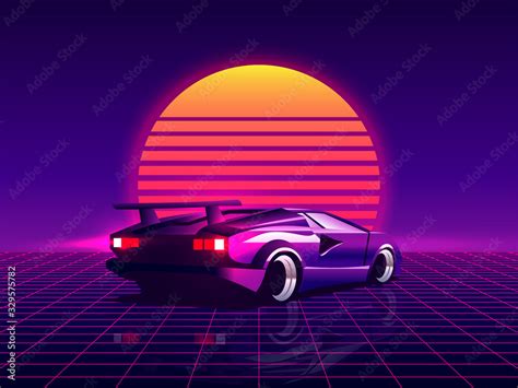 Retro futuristic back side view 80s supercar on trendy synthwave / vaporwave / cyberpunk sunset ...