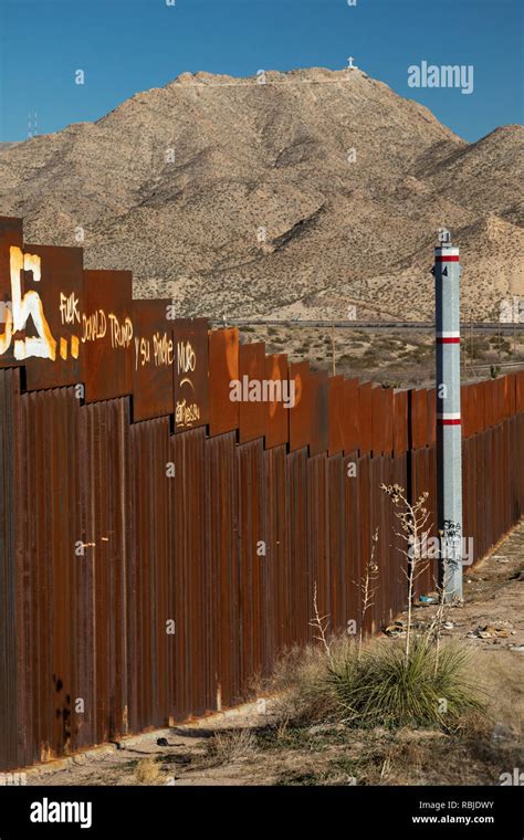 The USA Mexico border fence near El Paso and Ciudad Juarez. Mountains ...