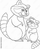 Coloring Page Mother raccoon Stands With Her little cute Baby  sketch template