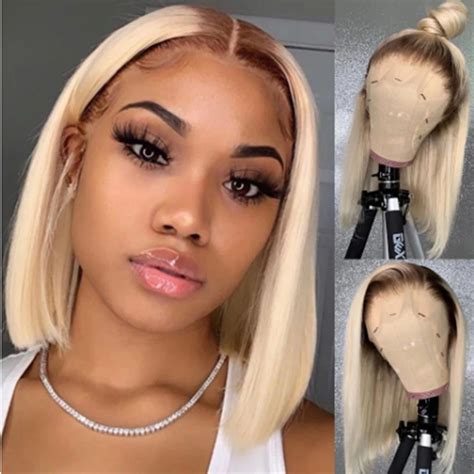 Short Bob Lace Front Wig #4/613 Honey Blonde Colored Lace Front Human Hair Wigs For Black Women ...