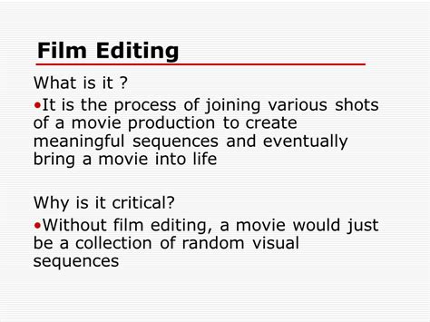 The Concepts and Techniques of Film Editing - 1031 Words | Presentation Example