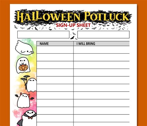 Halloween Potluck Sign Up Sheet Printable Letter Size, 42% OFF