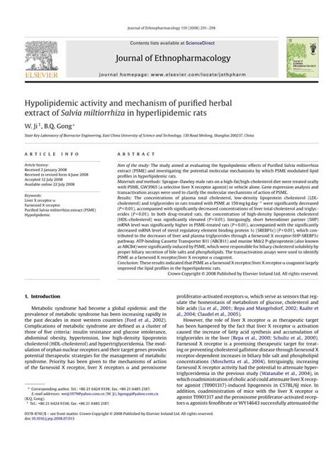 (PDF) Hypolipidemic activity and mechanism of purified herbal extract of Salvia miltiorrhiza in ...