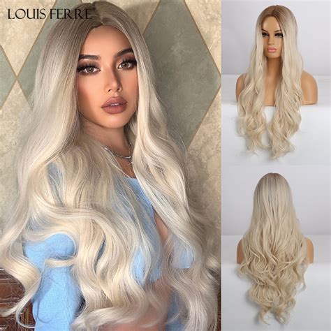 NewLOUIS FERRE Long Ombre Brown Light Blonde Synthetic Wigs Middle Part Water Wave Cosplay Wig ...