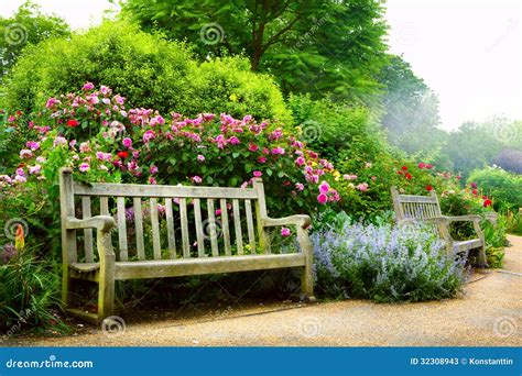 Art Bench and Flowers in the Morning in an English Park Stock Image ...