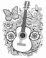 Acoustic Guitar Coloring Page With Butterflies  Premium AI Generated Image sketch template