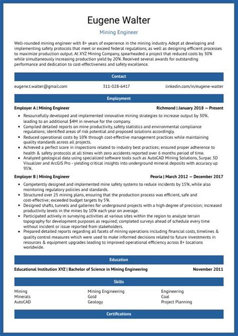 Mining Engineer Resume (CV) Example and Writing Guide