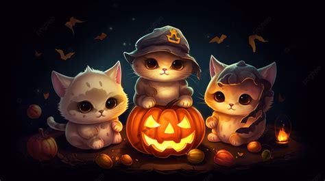 Three Cats In Halloween Costumes Sitting In The Dark Background, Cute Picture Of Halloween ...