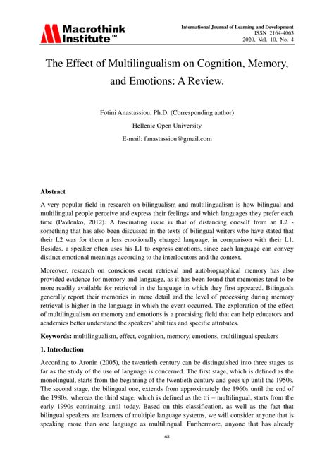 (PDF) The Effect of Multilingualism on Cognition, Memory, and Emotions: A Review