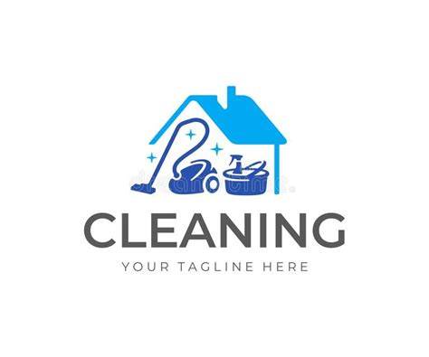 House Cleaning Service Logo Design. House with Vacuum Cleaner, Bucket and Cleaning Products ...
