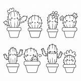 Cute Kawaii Set Of cactus In Flowerpots Coloring Page Hand Drawn  sketch template