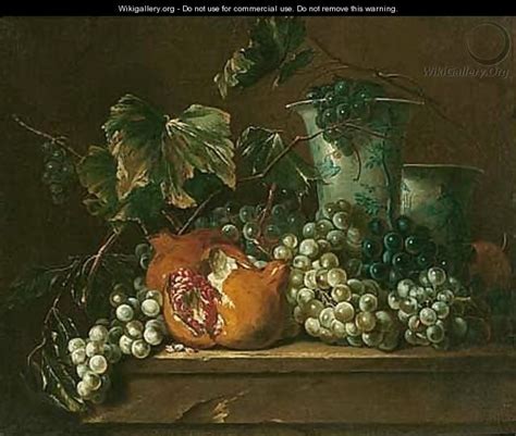 Still life of grapes, a pomegranate and blue-and-white porcelain vases, set upon a stone ledge ...