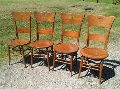 Antique Set of 4 Oak Dining Room Chairs with Tiger Oak Round Seats 1910s Era | eBay | Oak dining ...
