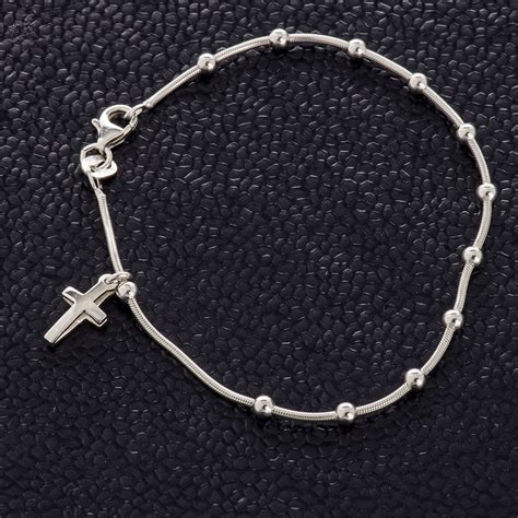 Rhodium-plated sterling silver bracelet with cross | online sales on HOLYART.com