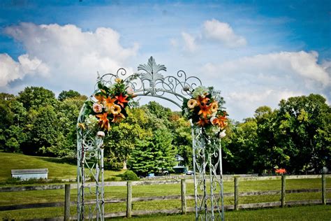 two metal archways with flowers on them in the middle of a grassy area next to a wooden fence