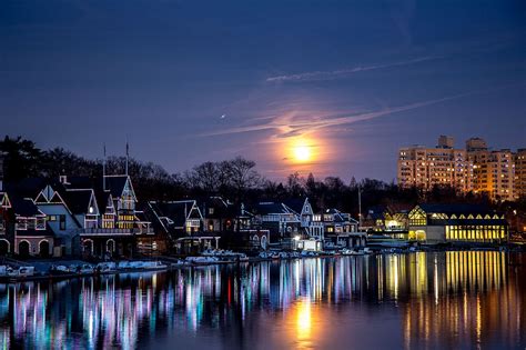 Boathouse Row & Full Moon | House boat, The row, Night scene