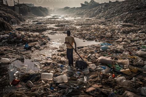 Mam standing in a huge dump with a lot of plastic waste and various used garbage. Environmental ...