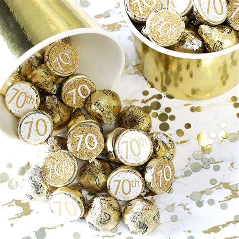 White and Gold Happy 70th Birthday Chocolate Kisses Party Favor Label Stickers, Bulk 70th Candy ...