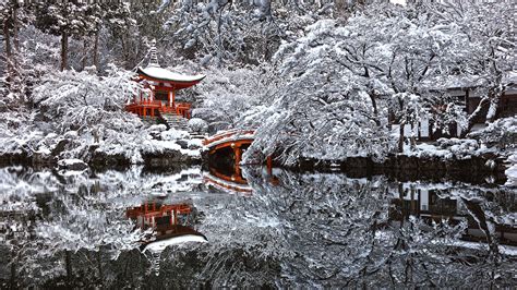 Japan, Temple, Snow, Winter, Reflection, Pond, Kyoto Wallpapers HD / Desktop and Mobile Backgrounds