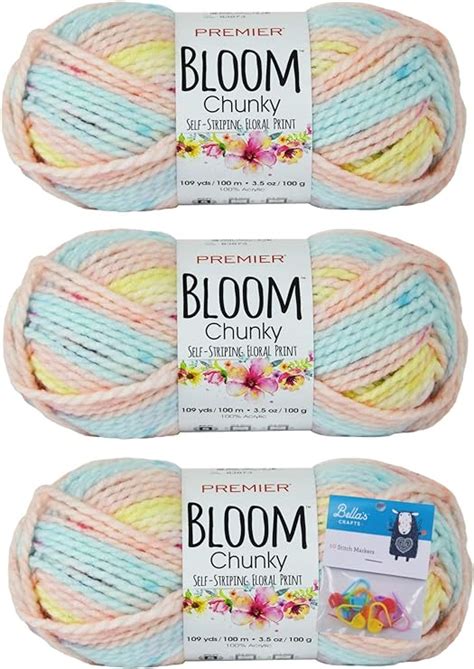 Premier Yarn Bloom Chunky - Snapdragon - 3.5 Oz - #5 Bulky Weight - 3-Pack Bundle with Bella's ...