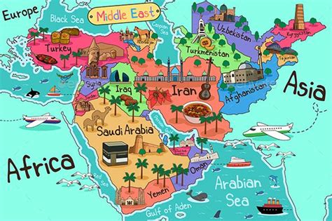 Middle East Countries Map in Cartoon Style | Middle east map, Map ...