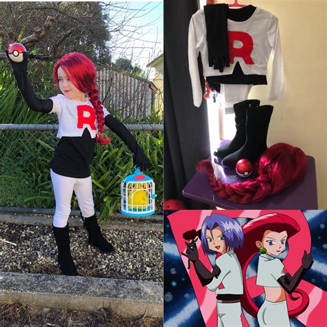 Pokémon Team Rocket Jessie Homemade Costume. Red/Magenta wig. Black singlet. White long sleeve ...