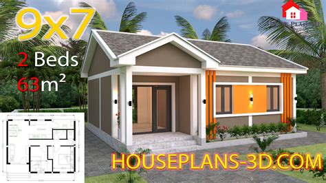 House Plans 9x7 with 2 Bedrooms Gable Roof - House Plans 3D