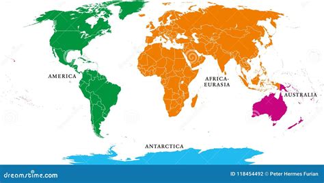 Four Continents World Map with National Borders Stock Vector ...