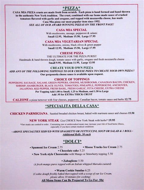 Menu at Yelm Casa Mia pizzeria, Yelm