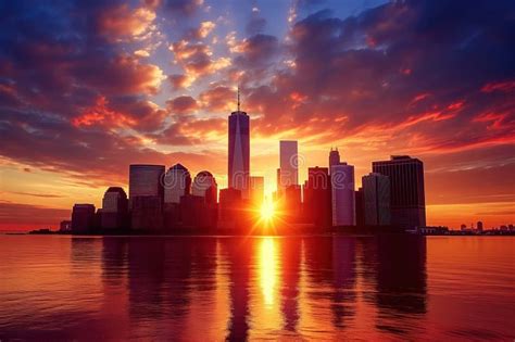 During Sunset in New York City, Manhattan Skyline Can Be Seen Stock Photo - Image of america ...
