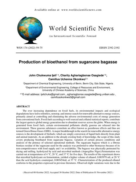 (PDF) Production of bioethanol from sugarcane bagasse