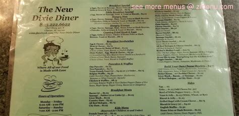 Menu at Dixie Diner restaurant, Clover, US-321