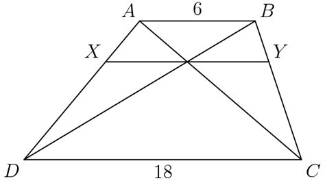 geometry - Finding length of line that intersects trapezoid diagonals ...