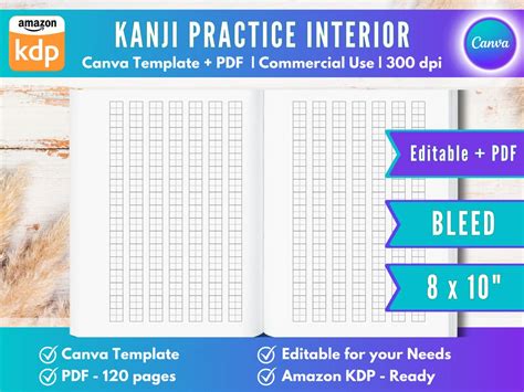 CANVA Editable KDP Interior Kanji Practice Paper Pages 8x10 120 Pages Ready to Upload PDF Bleed ...