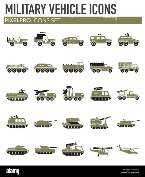 Military vehicles icons set on white background for graphic and web ...