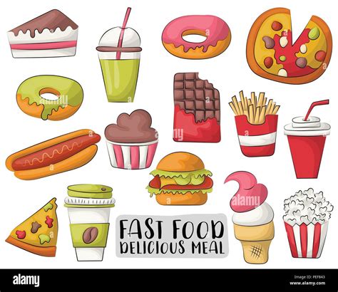 Fast food cartoon icons and objects set. Hand drawn vector illustration ...