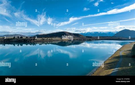 Lake Ruataniwha rowing course scenery viewed from a drone above the water Stock Photo - Alamy