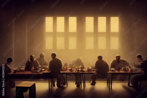 Digital illustration of inside the prison canteen. A group of prisoners ...