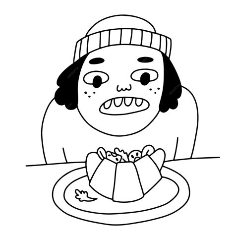 Premium Vector | Hand drawn doodle girl or boy wants to eat croissant with tomato and salad