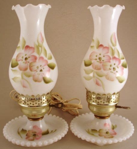 Pair-Milk-Glass-Boudior-Lamps-Hand-Painted-Pink-Roses-Flowers-Beaded-Edge | Milk glass, Glass ...