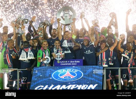 PSG's players celebrates their club's tenth Ligue 1 title during the 2021-2022 Ligue 1 ...