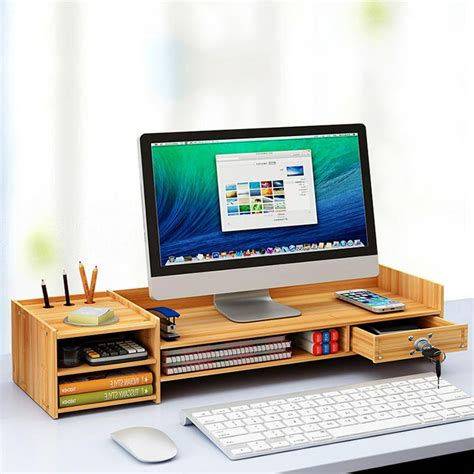 Wood Monitor Riser Stand and Computer Desk Organizer with Locked Drawer and 3 Compartments ...
