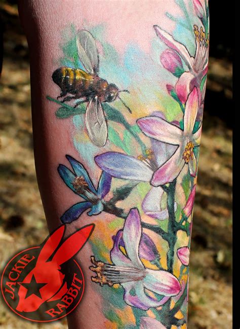 Honey Bee Blossom Flowers Color Realistic 3d Tattoo by Jackie Rabbit ...