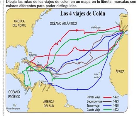 dibuja la ruta de los viajes de colon en un mapa en tu libreta marcalas con colores diferentes ...