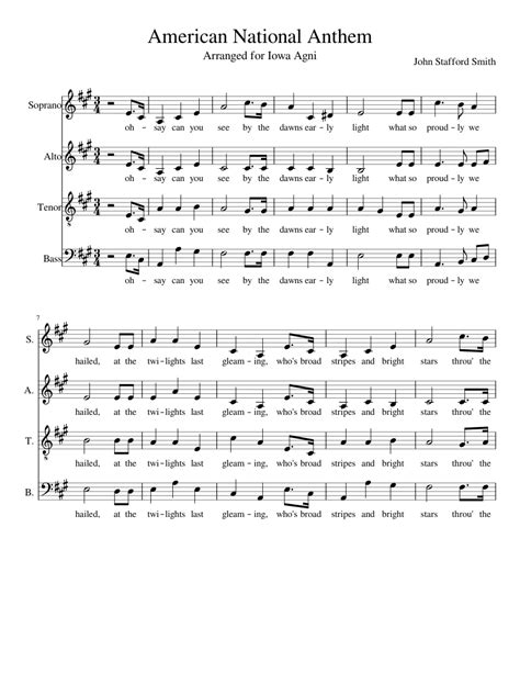 American National Anthem Sheet music for Soprano, Tenor, Alto, Bass ...