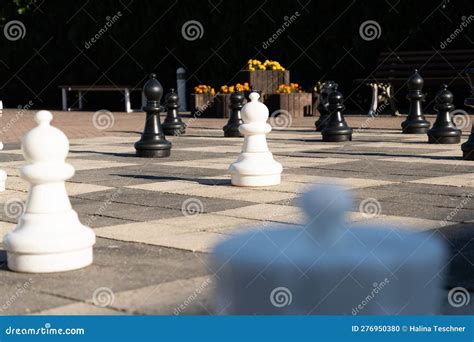 Outdoor Chess Board with Big Plastic Pieces. Giant Chess in Public Area ...