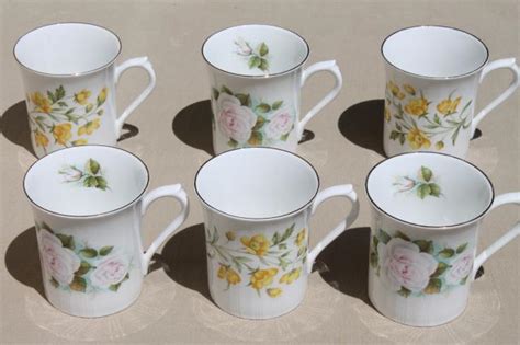 English tea mugs, vintage Royal Minster fine bone china flowered coffee cups set of 6