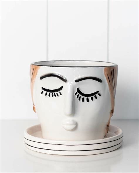 Girl Face Ceramic Planter With Saucer, 13x11cm | Dalisay
