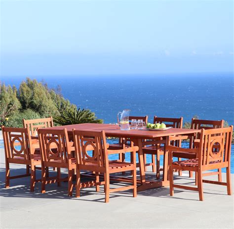 Malibu Outdoor 9-piece Wood Patio Dining Set, Extension Table - Transitional - Outdoor Dining ...